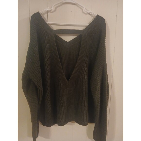 Brown Open Knit Crochet Sweater Size Medium Back Cut Out V Neck Oversized Baggy - Picture 5 of 5